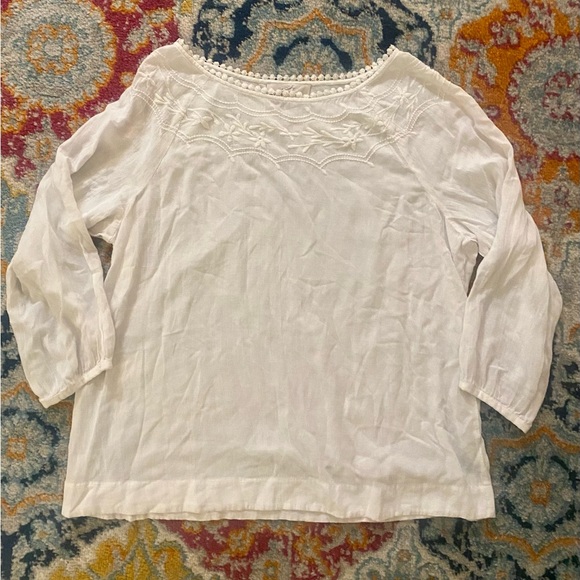 LOFT Tops - Loft White Square Neck Embroidered Linen Peasant Top XL